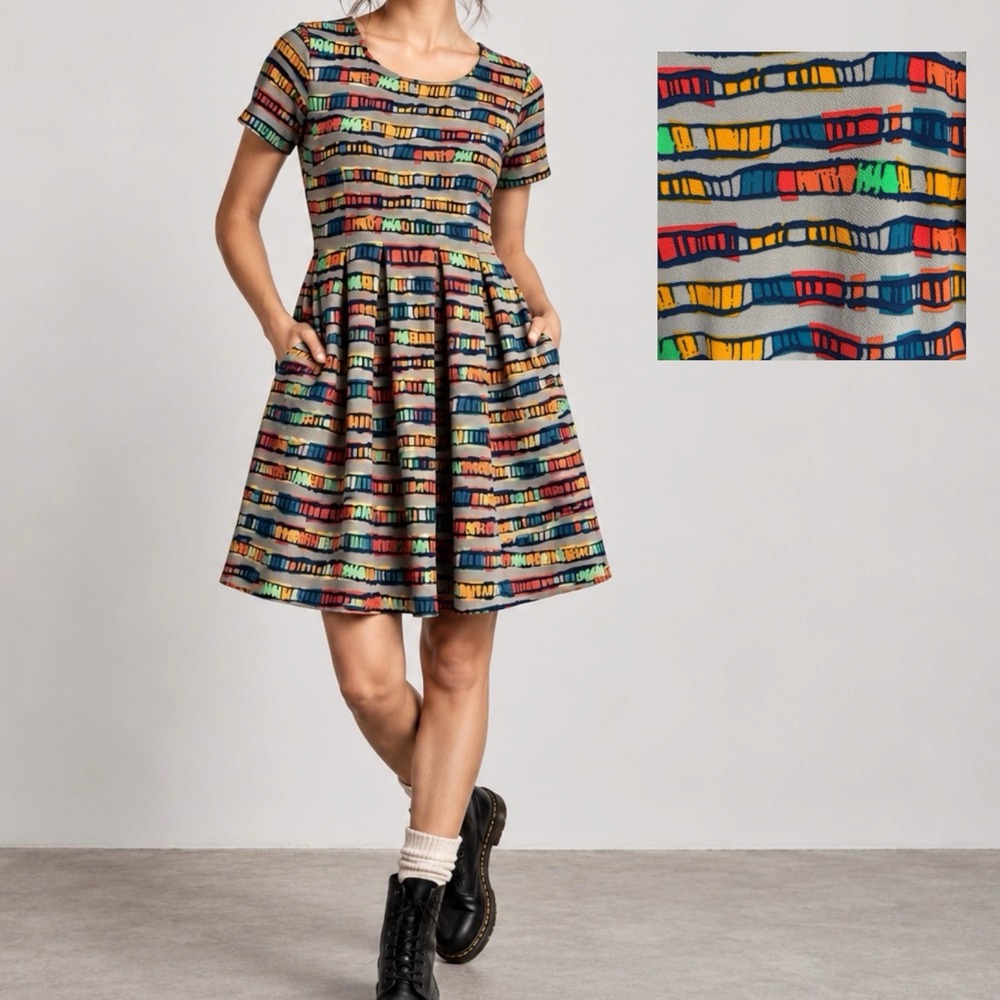 LuLaRoe Amelia Dress L Gray Multicolor Geometric Fit Flare Pleated Pockets Retro